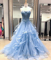 Blue Lace Tulle Long Semi Formal Prom Dresses, Blue Lace Ball Gown, Blue Lace Formal Dresses, Evening Dresses